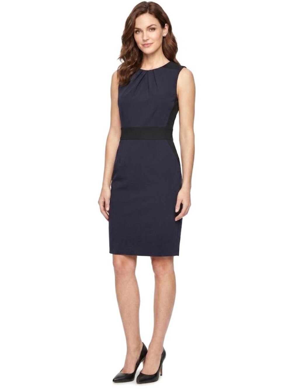 Marc New York Pleated Neck Sleeveless Sheath Dress, Navy Blue, Womens Size 8